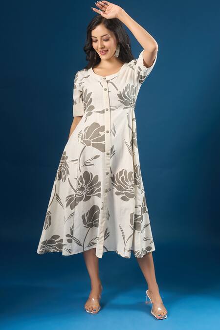 Buy Naintara Bajaj Off White Cotton Round Neck Florette Print Dress Online at Aza Fashions Buy_Naintara Bajaj_Off White Cotton Round Neck Florette Print Dress _Online_at_Aza_Fashions