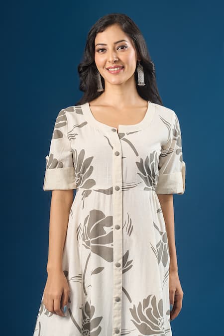 Shop Naintara Bajaj Off White Cotton Round Neck Florette Print Dress Online at Aza Fashions Shop_Naintara Bajaj_Off White Cotton Round Neck Florette Print Dress _Online_at_Aza_Fashions