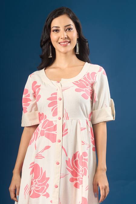 Naintara Bajaj_Off White Cotton Round Neck Fleur Print Dress _Online_at_Aza_Fashions