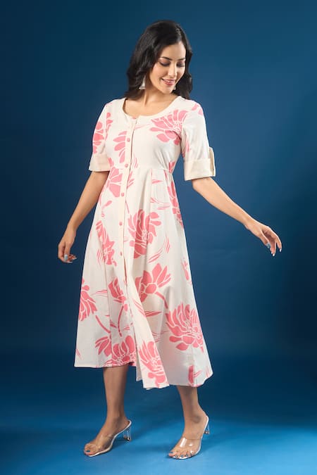 Buy_Naintara Bajaj_Off White Cotton Round Neck Fleur Print Dress _Online_at_Aza_Fashions
