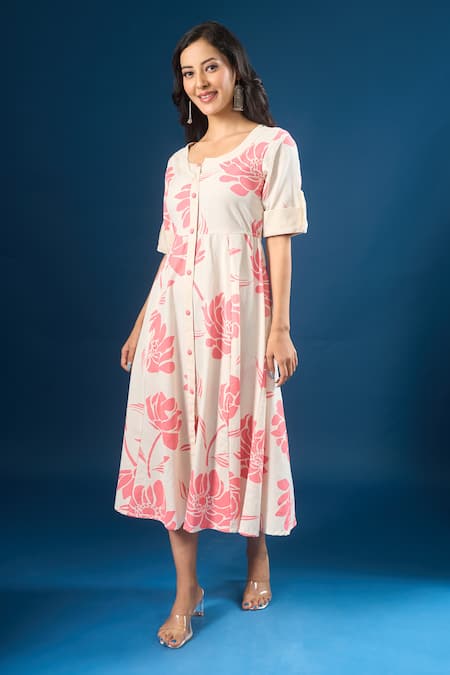 Shop_Naintara Bajaj_Off White Cotton Round Neck Fleur Print Dress _Online_at_Aza_Fashions