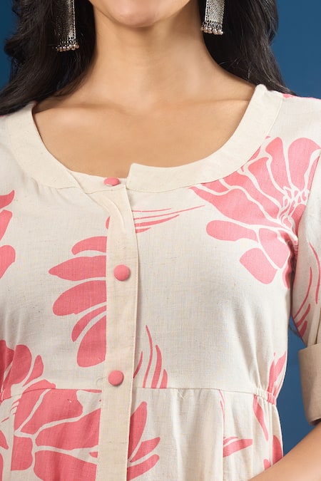 Naintara Bajaj_Off White Cotton Round Neck Fleur Print Dress _at_Aza_Fashions