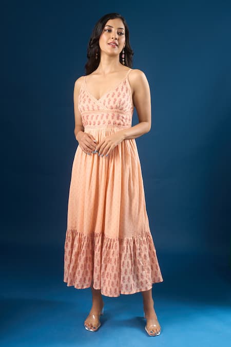 Shop_Naintara Bajaj_Peach Cotton Embroidery V-neck Paisley Print Dress _Online_at_Aza_Fashions