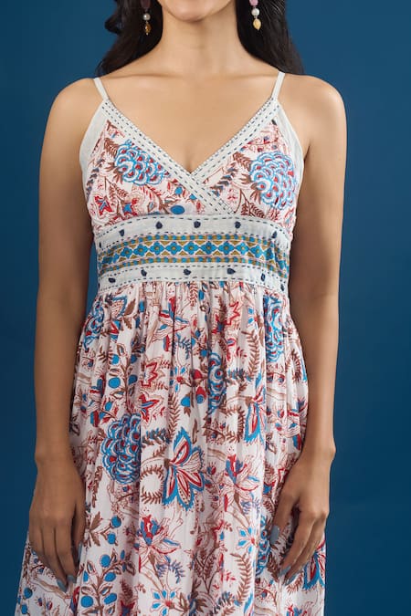 Naintara Bajaj Multi Color Cotton Embroidery V-neck Flower Print Dress Online at Aza Fashions Naintara Bajaj_Multi Color Cotton Embroidery V-neck Flower Print Dress _Online_at_Aza_Fashions
