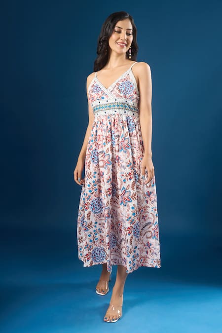 Buy Naintara Bajaj Multi Color Cotton Embroidery V-neck Flower Print Dress Online at Aza Fashions Buy_Naintara Bajaj_Multi Color Cotton Embroidery V-neck Flower Print Dress _Online_at_Aza_Fashions