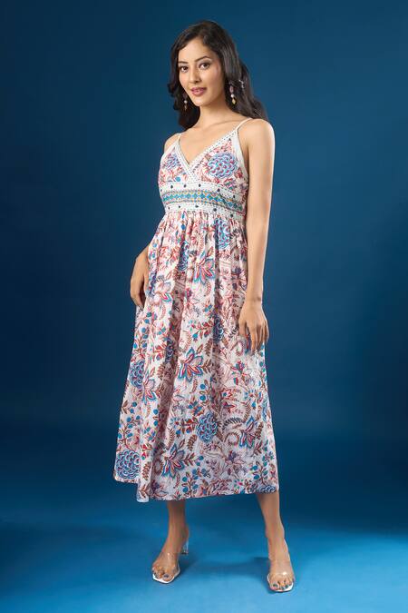 Shop Naintara Bajaj Multi Color Cotton Embroidery V-neck Flower Print Dress Online at Aza Fashions Shop_Naintara Bajaj_Multi Color Cotton Embroidery V-neck Flower Print Dress _Online_at_Aza_Fashions