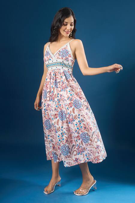 Naintara Bajaj Multi Color Cotton Embroidery V-neck Flower Print Dress at Aza Fashions Naintara Bajaj_Multi Color Cotton Embroidery V-neck Flower Print Dress _at_Aza_Fashions