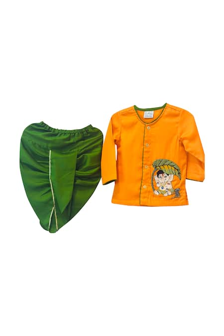 Rage Attire-Sweta Saria Orange Cotton, Silk Beads, Embroidery Little Ganesha Kurta And Dhoti Pant Set 