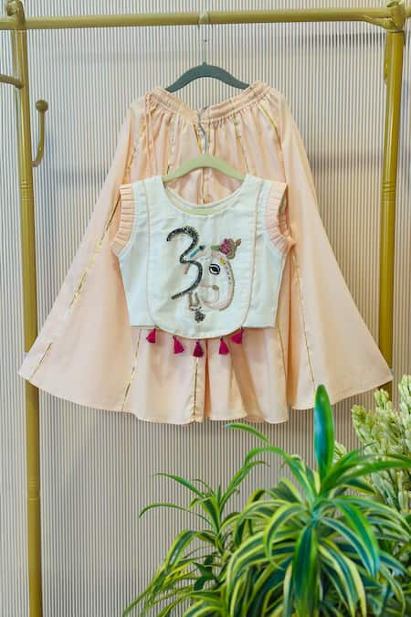 Buy_Rage Attire-Sweta Saria_Peach Tassels, Embroidery Om Ganehsa Crop Top Palazzo Set _Online_at_Aza_Fashions