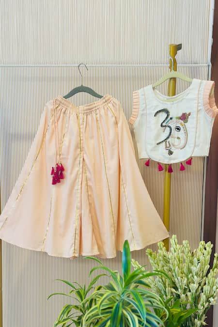 Rage Attire-Sweta Saria Peach Tassels, Embroidery Om Ganehsa Crop Top Palazzo Set 