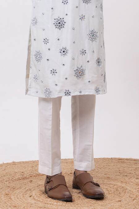 Kaka Calcutta_Sky Blue Linen, Satin, Cotton Mirrors Chaand Kaanch Kurta And Pant Set _Online_at_Aza_Fashions