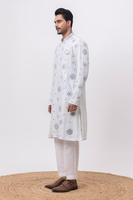 Buy_Kaka Calcutta_Sky Blue Linen, Satin, Cotton Mirrors Chaand Kaanch Kurta And Pant Set _Online_at_Aza_Fashions