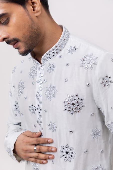 Shop_Kaka Calcutta_Sky Blue Linen, Satin, Cotton Mirrors Chaand Kaanch Kurta And Pant Set _Online_at_Aza_Fashions