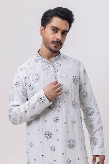 Kaka Calcutta_Sky Blue Linen, Satin, Cotton Mirrors Chaand Kaanch Kurta And Pant Set _at_Aza_Fashions