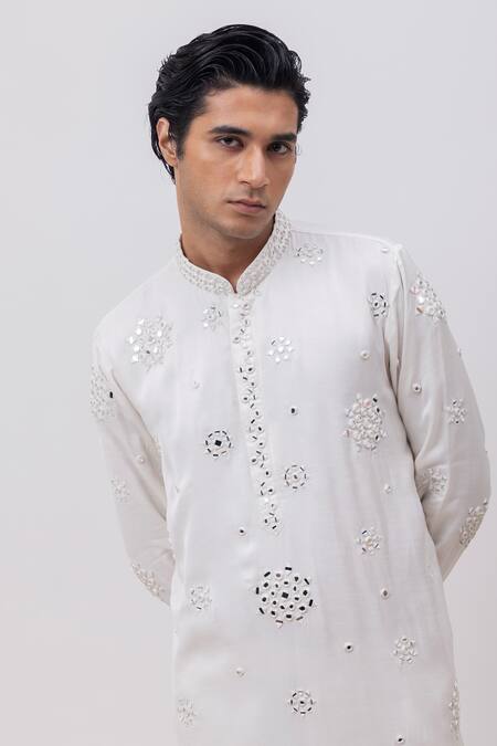 Kaka Calcutta_Ivory Linen, Satin, Cotton Mirrors Chaand In Paradise Kurta And Pant Set _Online_at_Aza_Fashions