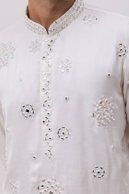 Kaka Calcutta_Ivory Linen, Satin, Cotton Mirrors Chaand In Paradise Kurta And Pant Set _at_Aza_Fashions