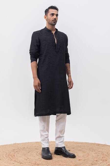 Shop Kaka Calcutta Black Silk, Cotton Lightning Kurta And Pant Set Online at Aza Fashions Shop_Kaka Calcutta_Black Silk, Cotton Lightning Kurta And Pant Set _Online_at_Aza_Fashions