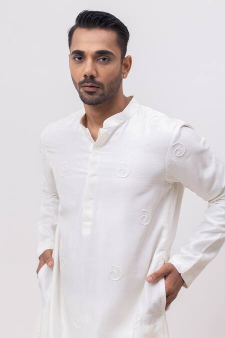 Shop_Kaka Calcutta_Ivory Silk, Cotton Embroidery Swirls Kurta And Pant Set _Online_at_Aza_Fashions