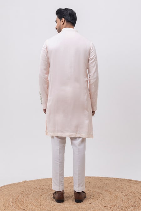 Shop Kaka Calcutta Blush Linen, Satin, Cotton Embroidery, Mirrors Floral Garden Kurta And Pant Set at Aza Fashions Shop_Kaka Calcutta_Blush Linen, Satin, Cotton Embroidery, Mirrors Floral Garden Kurta And Pant Set _at_Aza_Fashions