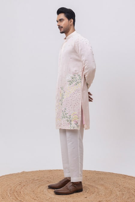 Shop Kaka Calcutta Blush Linen, Satin, Cotton Embroidery, Mirrors Floral Garden Kurta And Pant Set Online at Aza Fashions Shop_Kaka Calcutta_Blush Linen, Satin, Cotton Embroidery, Mirrors Floral Garden Kurta And Pant Set _Online_at_Aza_Fashions