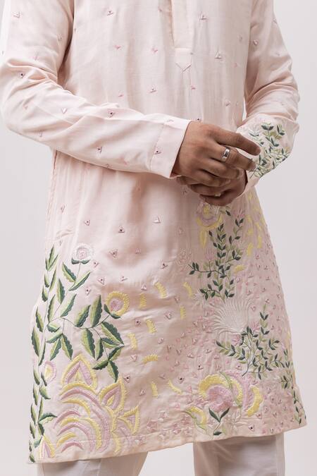 Kaka Calcutta Blush Linen, Satin, Cotton Embroidery, Mirrors Floral Garden Kurta And Pant Set at Aza Fashions Kaka Calcutta_Blush Linen, Satin, Cotton Embroidery, Mirrors Floral Garden Kurta And Pant Set _at_Aza_Fashions