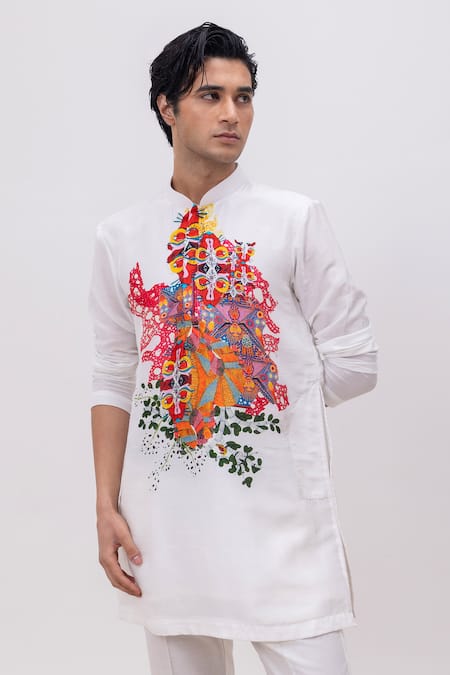Buy_Kaka Calcutta_White Silk, Cotton Embroidery Rang Rager Kurta And Pant Set _Online_at_Aza_Fashions
