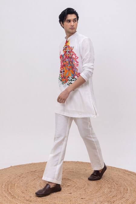 Shop_Kaka Calcutta_White Silk, Cotton Embroidery Rang Rager Kurta And Pant Set _Online_at_Aza_Fashions