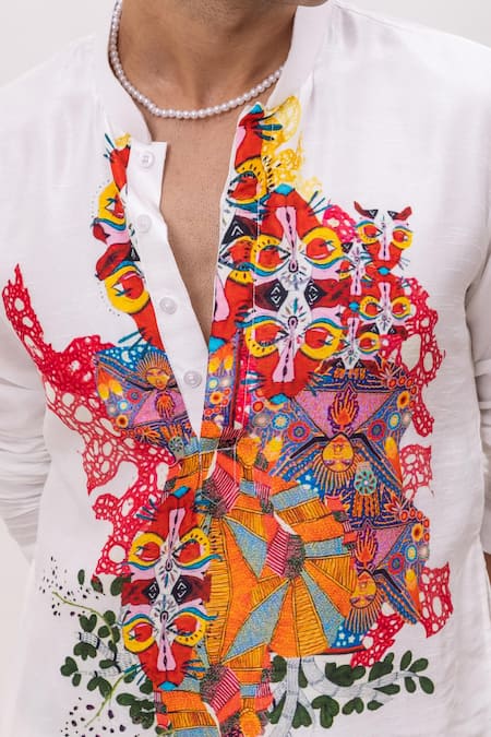 Kaka Calcutta_White Silk, Cotton Embroidery Rang Rager Kurta And Pant Set _at_Aza_Fashions