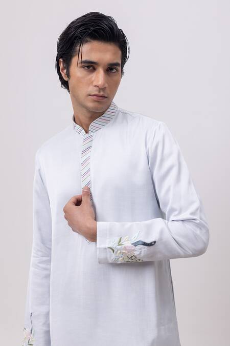 Kaka Calcutta_Sky Blue Linen, Satin, Cotton Embroidery Swan Kurta And Pant Set _Online_at_Aza_Fashions