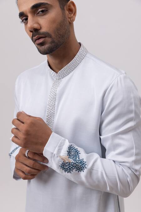 Buy_Kaka Calcutta_Sky Blue Linen, Satin, Cotton Embroidery Vrindavan Kurta And Pant Set _Online_at_Aza_Fashions