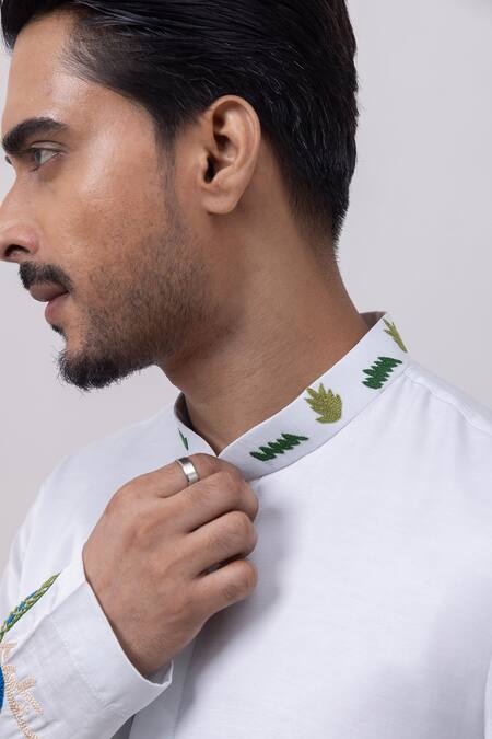 Buy_Kaka Calcutta_Sky Blue Linen, Satin, Cotton Embroidery Shreenath Kurta And Pant Set _Online_at_Aza_Fashions