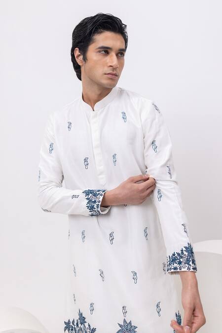 Kaka Calcutta_White Silk, Cotton Embroidery Macaw Kurta And Pant Set _Online_at_Aza_Fashions