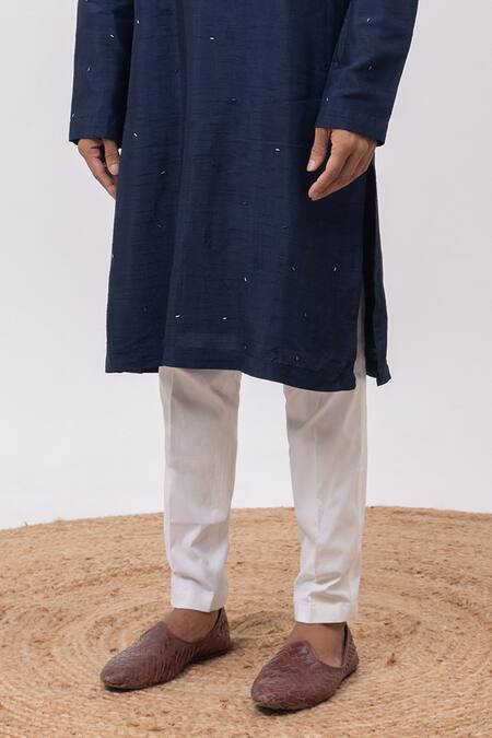 Kaka Calcutta_Navy Silk, Cotton Embroidery Firefly Kurta And Pant Set _Online_at_Aza_Fashions