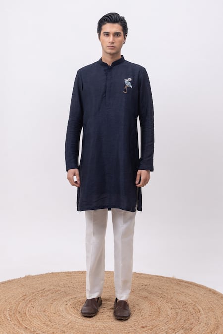 Kaka Calcutta_Navy Silk, Cotton Embroidery Flamingo Kurta And Pant Set _Online_at_Aza_Fashions