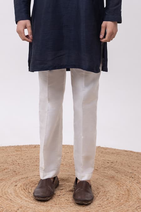 Buy_Kaka Calcutta_Navy Silk, Cotton Embroidery Flamingo Kurta And Pant Set _Online_at_Aza_Fashions
