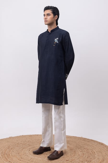 Shop_Kaka Calcutta_Navy Silk, Cotton Embroidery Flamingo Kurta And Pant Set _Online_at_Aza_Fashions