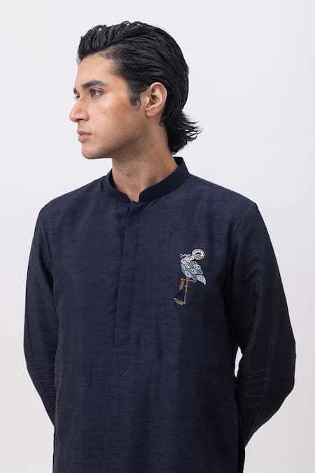 Kaka Calcutta_Navy Silk, Cotton Embroidery Flamingo Kurta And Pant Set _at_Aza_Fashions