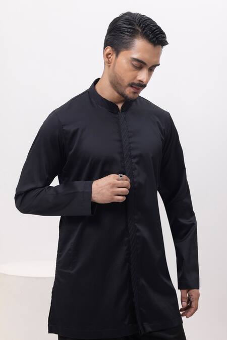 Shop_Kaka Calcutta_Black Cotton Pintuck Panel Kurta And Pant Set _Online_at_Aza_Fashions