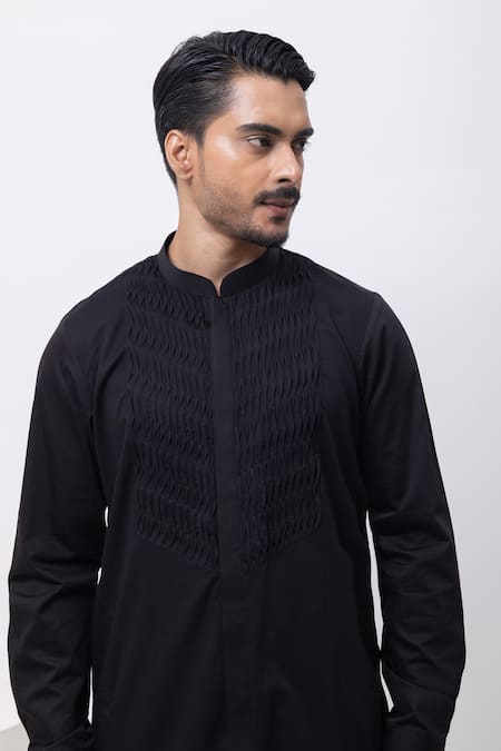 Shop_Kaka Calcutta_Black Cotton 3d Metallic Kurta Set _Online_at_Aza_Fashions