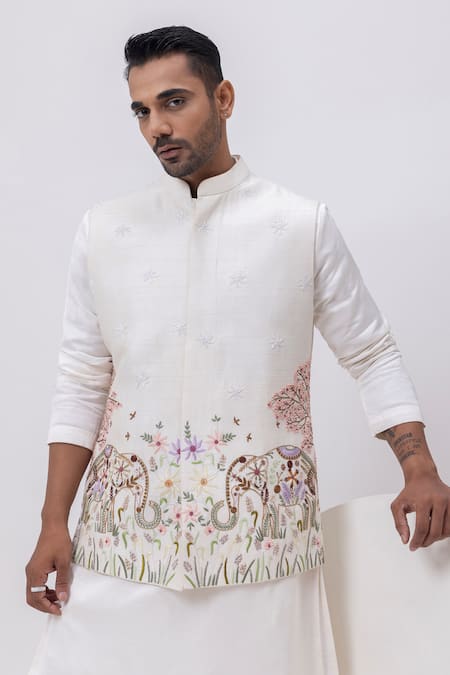 Buy_Kaka Calcutta_Ivory Bamboo Embroidery Elephant Nehru Jacket _Online_at_Aza_Fashions