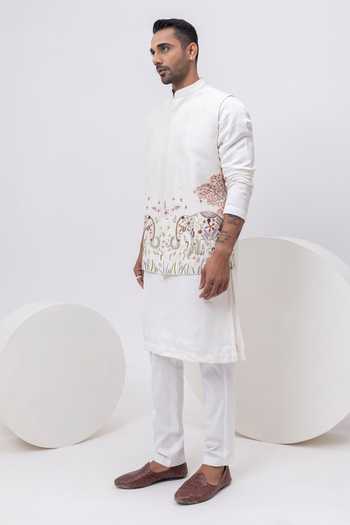 Kaka Calcutta_Ivory Bamboo, Silk, Cotton Elephant Nehru Jacket With Kurta And Pant Set _Online_at_Aza_Fashions