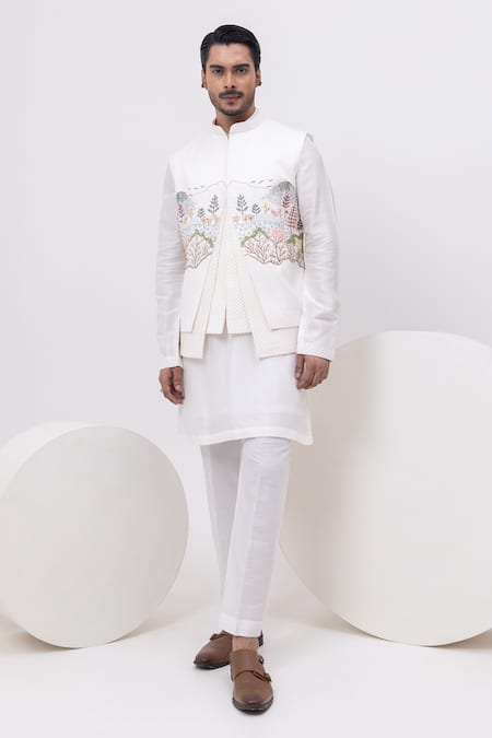 Kaka Calcutta Ivory Brocade, Bamboo, Cotton Kashmiri Nehru Jacket With Kurta And Pant Set Online at Aza Fashions Kaka Calcutta_Ivory Brocade, Bamboo, Cotton Kashmiri Nehru Jacket With Kurta And Pant Set _Online_at_Aza_Fashions