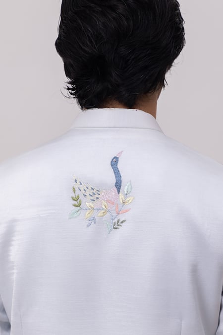 Kaka Calcutta_Sky Blue Linen Embroidery Swan Nehru Jacket _Online_at_Aza_Fashions