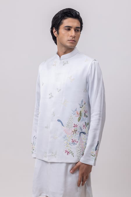 Buy_Kaka Calcutta_Sky Blue Linen Embroidery Swan Nehru Jacket _Online_at_Aza_Fashions