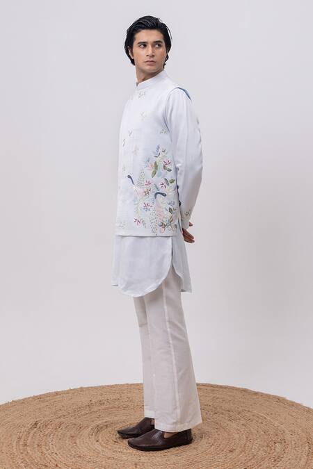 Kaka Calcutta_Sky Blue Linen, Satin, Cotton Embroidery Swan Nehru Jacket With Kurta And Pant Set _Online_at_Aza_Fashions