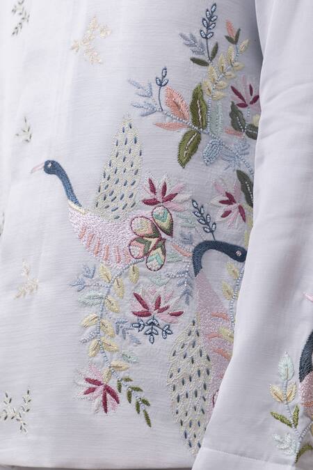 Buy_Kaka Calcutta_Sky Blue Linen, Satin, Cotton Embroidery Swan Nehru Jacket With Kurta And Pant Set _Online_at_Aza_Fashions