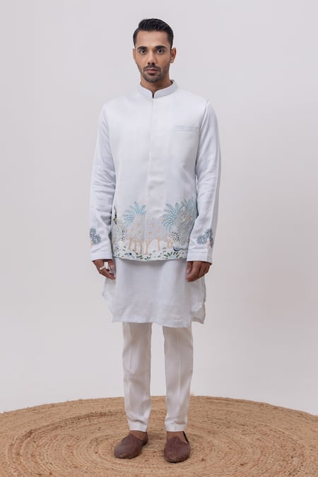 Kaka Calcutta_Sky Blue Linen, Satin Embroidery Vrindavan Nehru Jacket _Online_at_Aza_Fashions