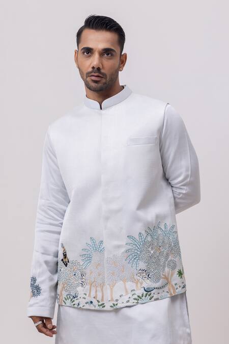 Kaka Calcutta_Sky Blue Linen, Satin, Cotton Vrindavan Nehru Jacket With Kurta And Pant Set _Online_at_Aza_Fashions