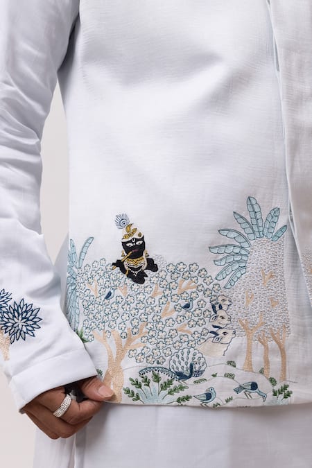 Shop_Kaka Calcutta_Sky Blue Linen, Satin, Cotton Vrindavan Nehru Jacket With Kurta And Pant Set _Online_at_Aza_Fashions