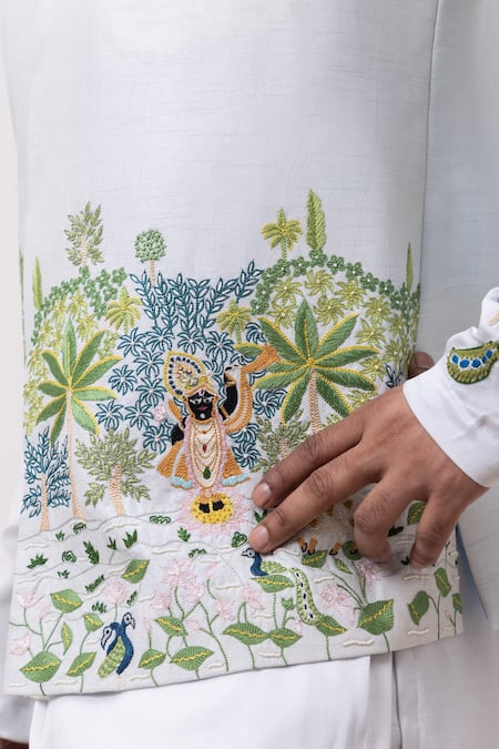 Kaka Calcutta_Sky Blue Linen, Satin Embroidery Shreenath Nehru Jacket _Online_at_Aza_Fashions